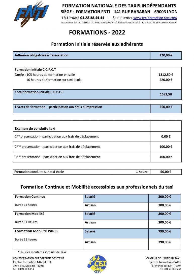 tarif des formations taxis en France FNTI